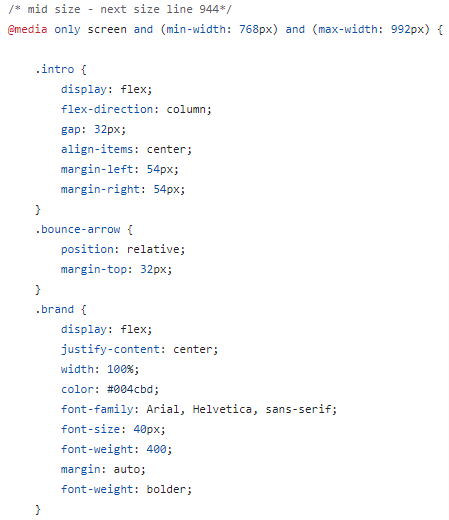 section of code using media query